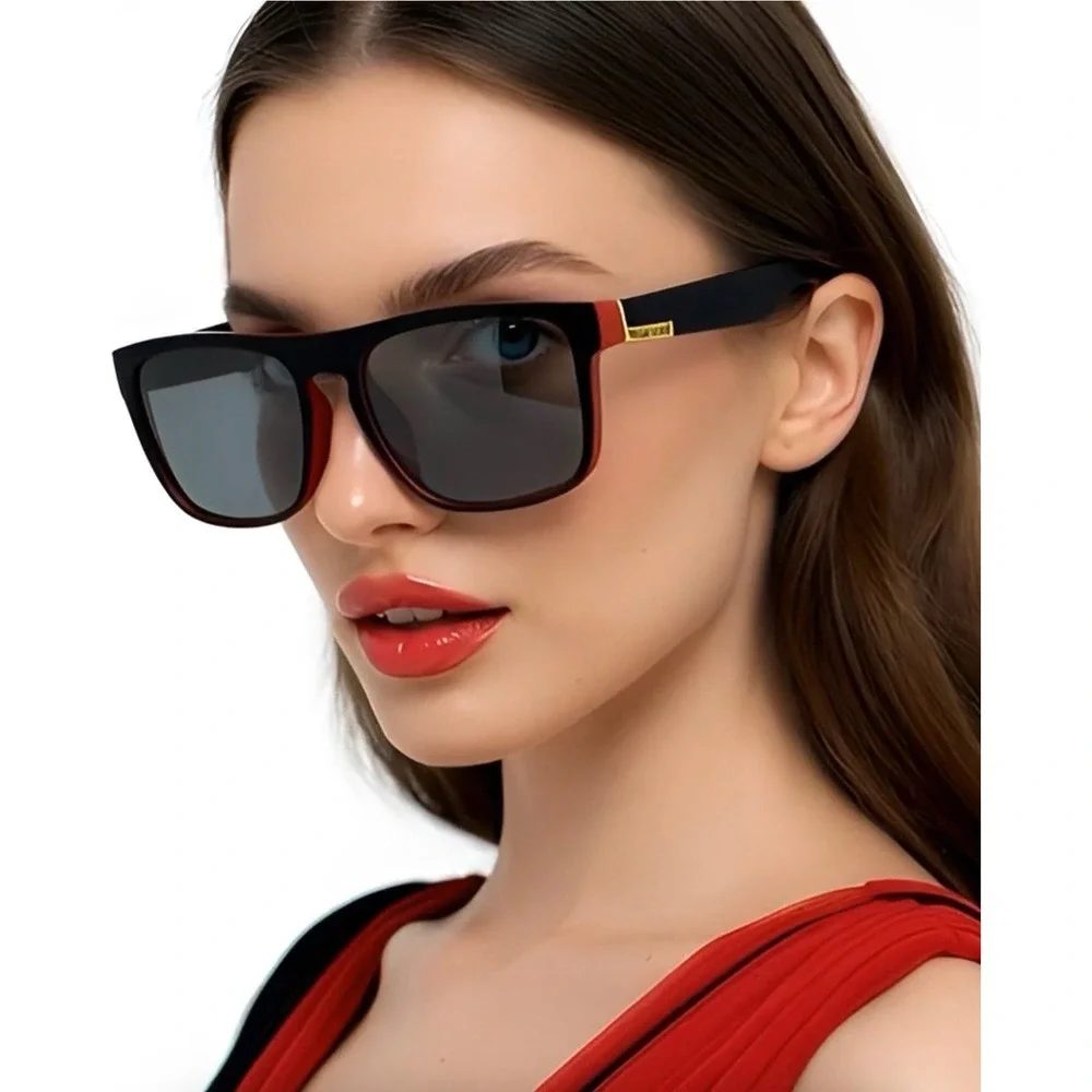 Trendy Polarized Sunglasses Black Red Frame Gray Lenses Sport Style Women Lentes